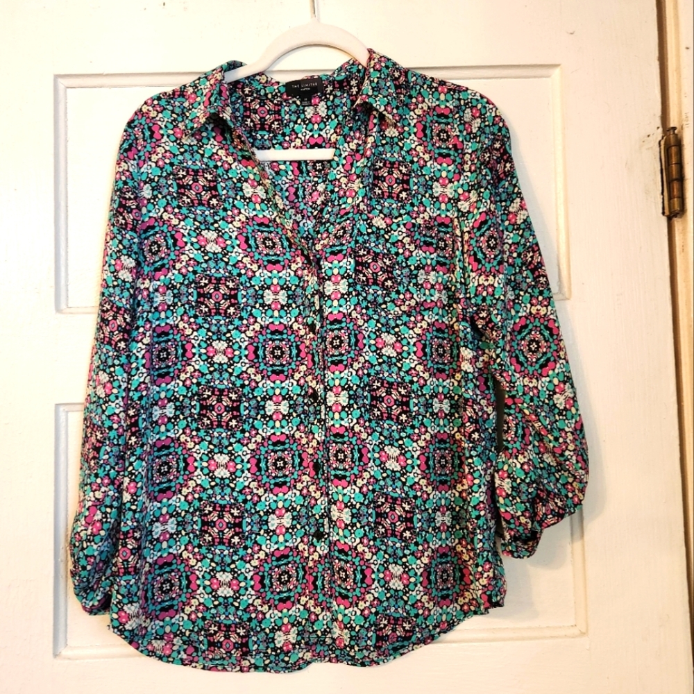 Limited Blouse Ashton Button Down, Floral Blue Pink, Sz M Button up Sleeves EUC